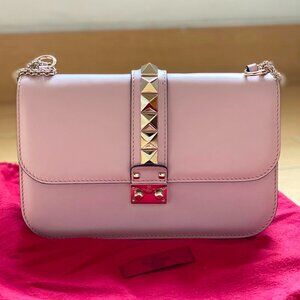 Authentic Valentino Nude Leather Medium Rockstud Glam Lock Flap Bag